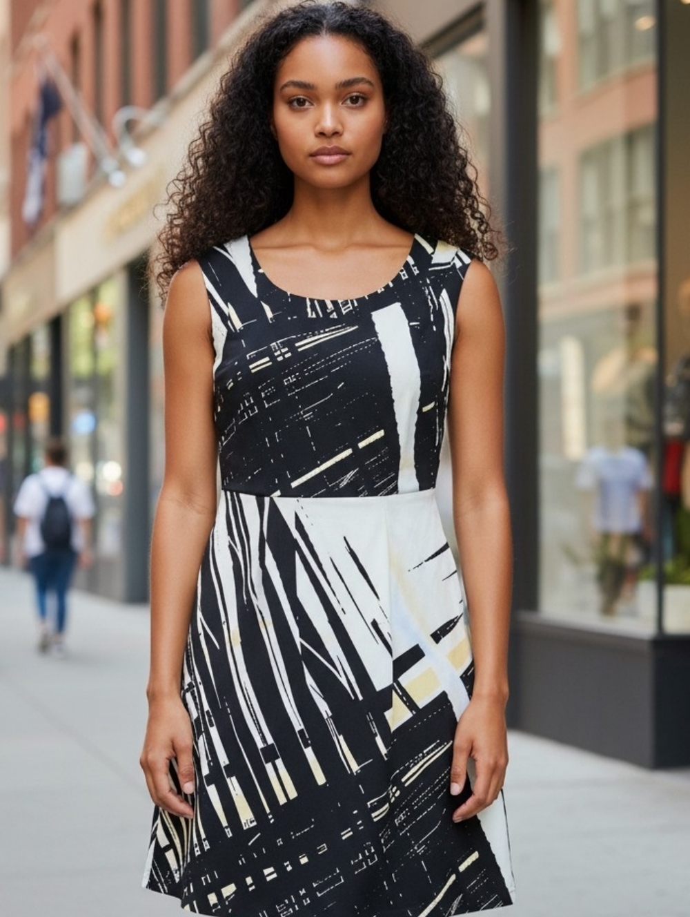 Liz Claiborne Black and White Abstract Scoop Neck Mini Dress 4446